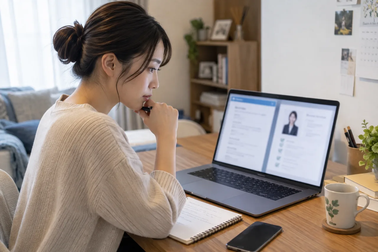 日本人女性が求人票と履歴書を見比べて応募条件を確認している