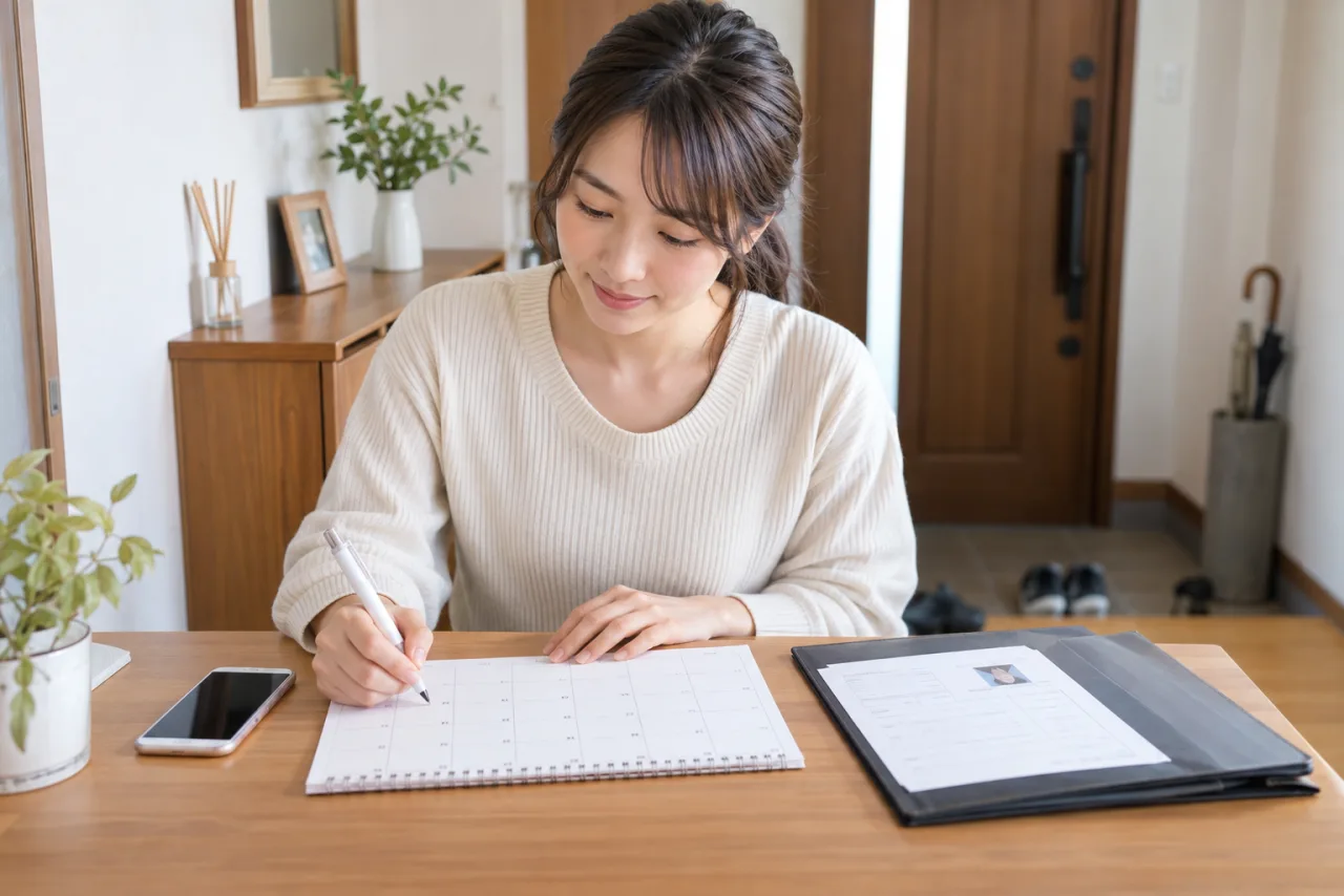 日本人女性が履歴書写真の準備を一週間のカレンダーに書き込んでいる
