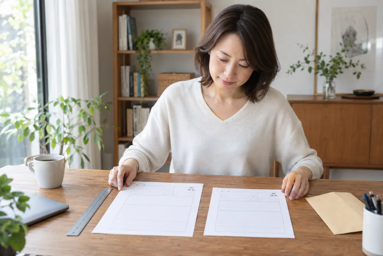 A4とB5の履歴書用紙を比べる日本人女性