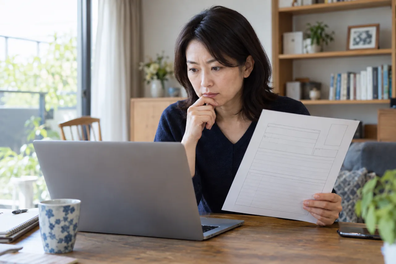 応募先の履歴書指定をパソコンで確認する日本人女性