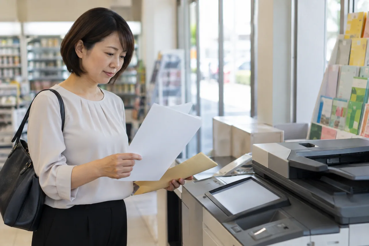 履歴書をA4用紙に印刷して確認する日本人女性