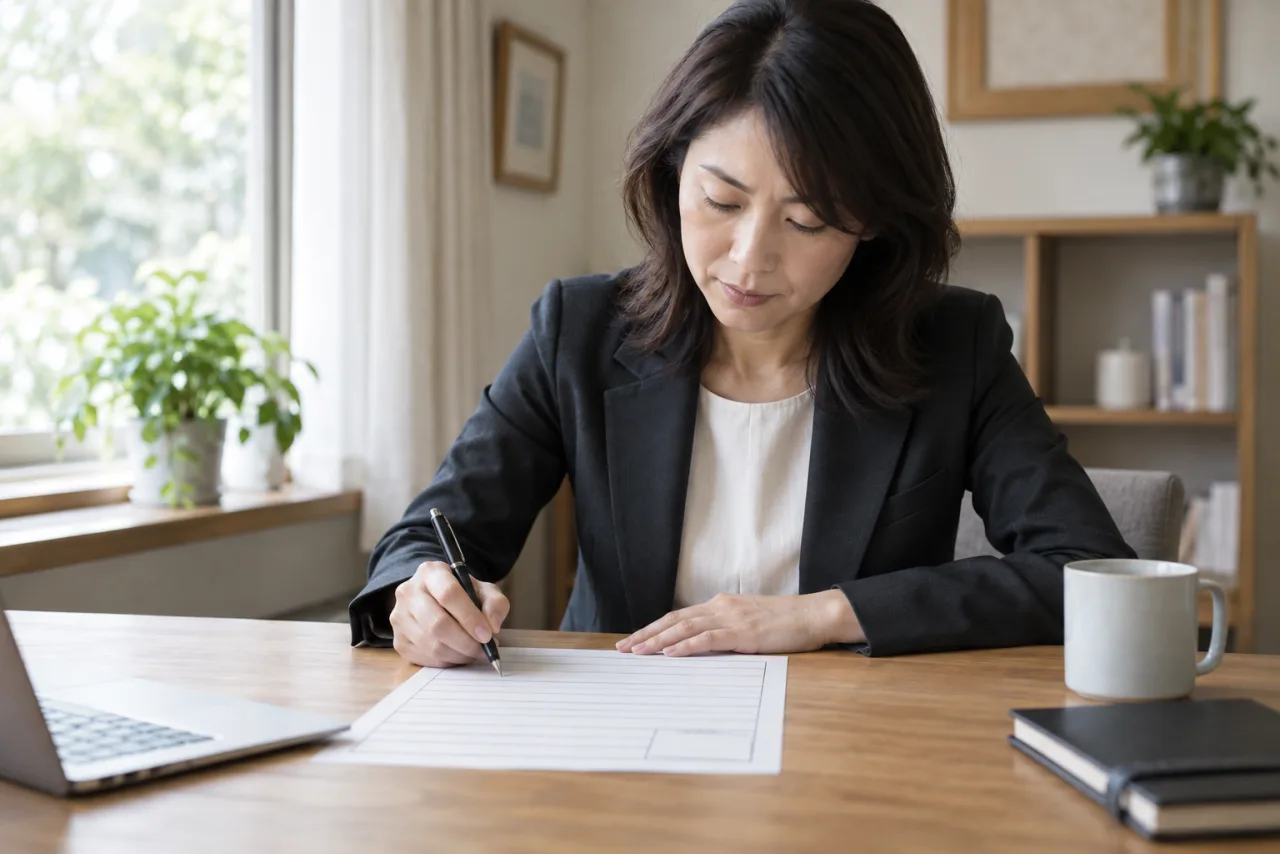 履歴書をパソコンで作成し誤字を確認する日本人女性