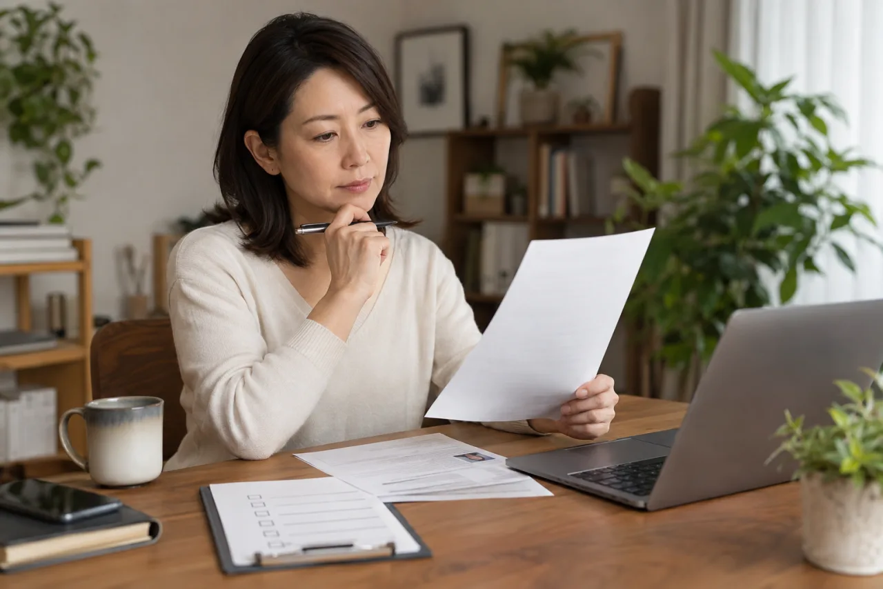 履歴書の提出前チェックリストを確認する日本人女性