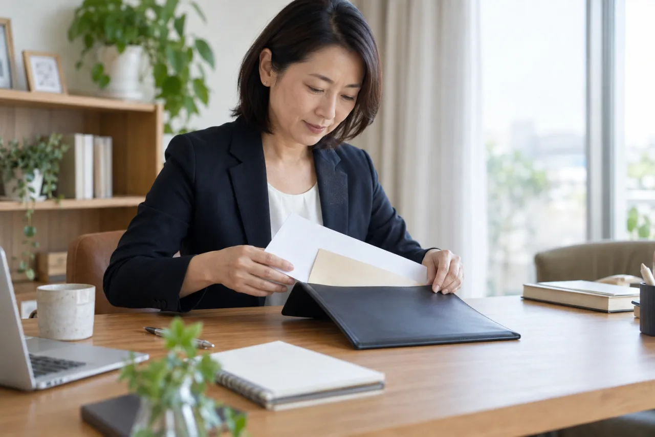 完成した履歴書を封筒に入れて準備する日本人女性