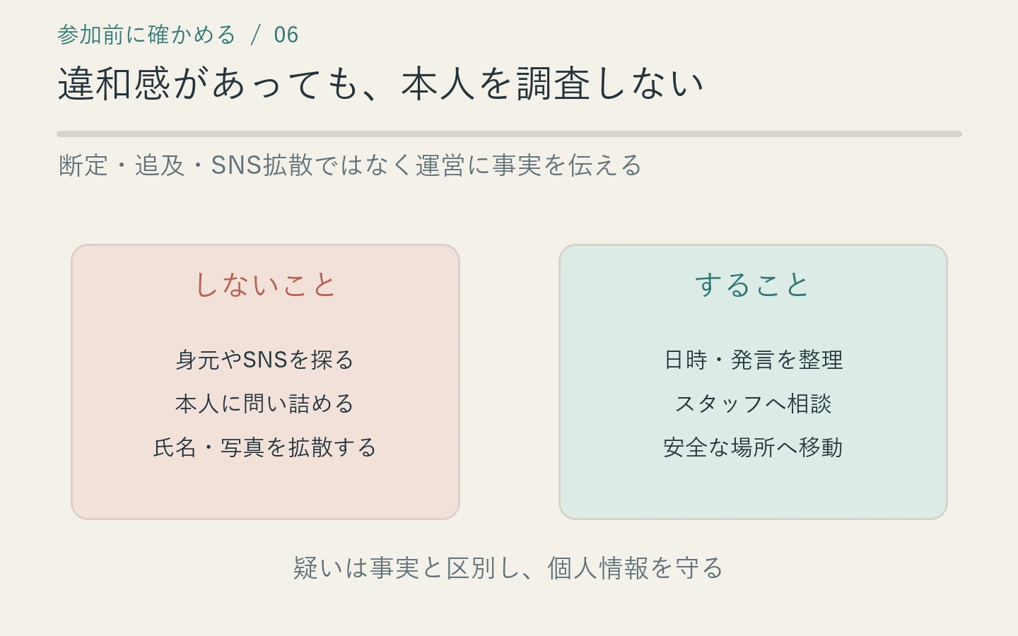 参加者本人を調査せず、気になる事実は主催者スタッフへ伝え距離を取る流れ
