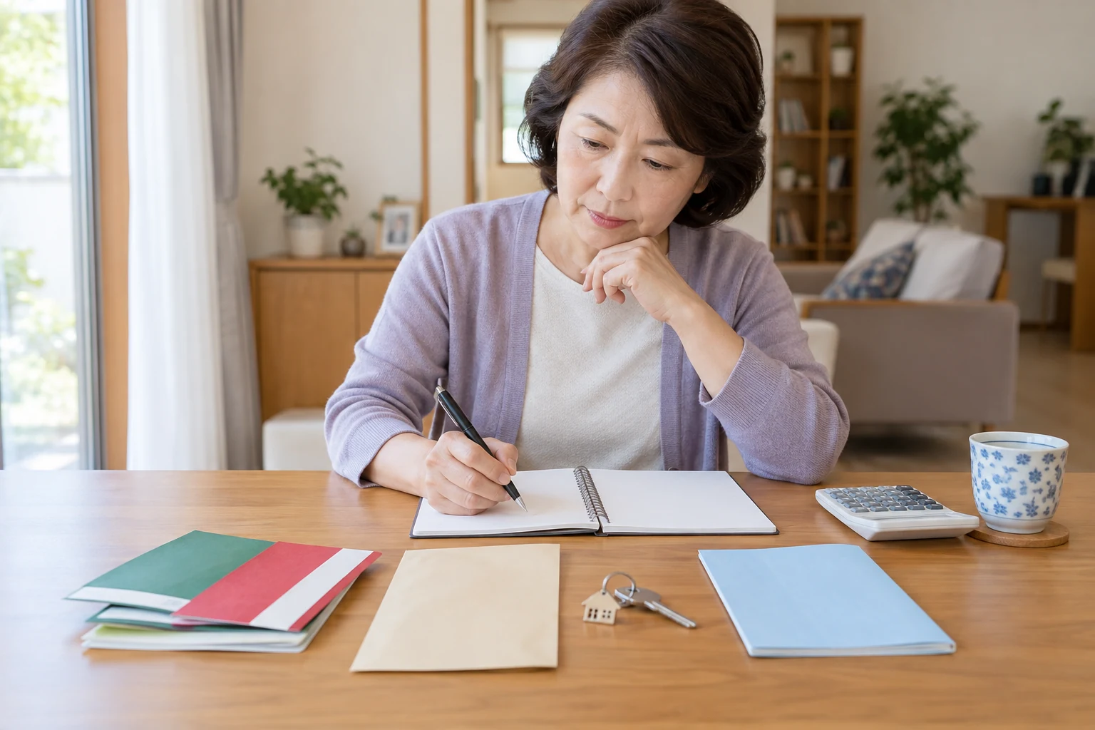 通帳や保険書類と鍵を一人暮らしの日本人女性が一覧表で確認している様子