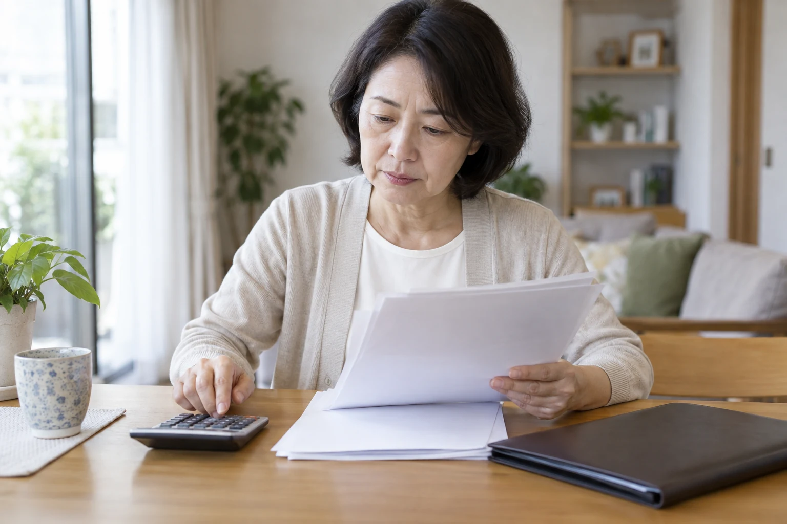 家庭裁判所への相談を考えながら相続関係の書類を確認する日本人女性