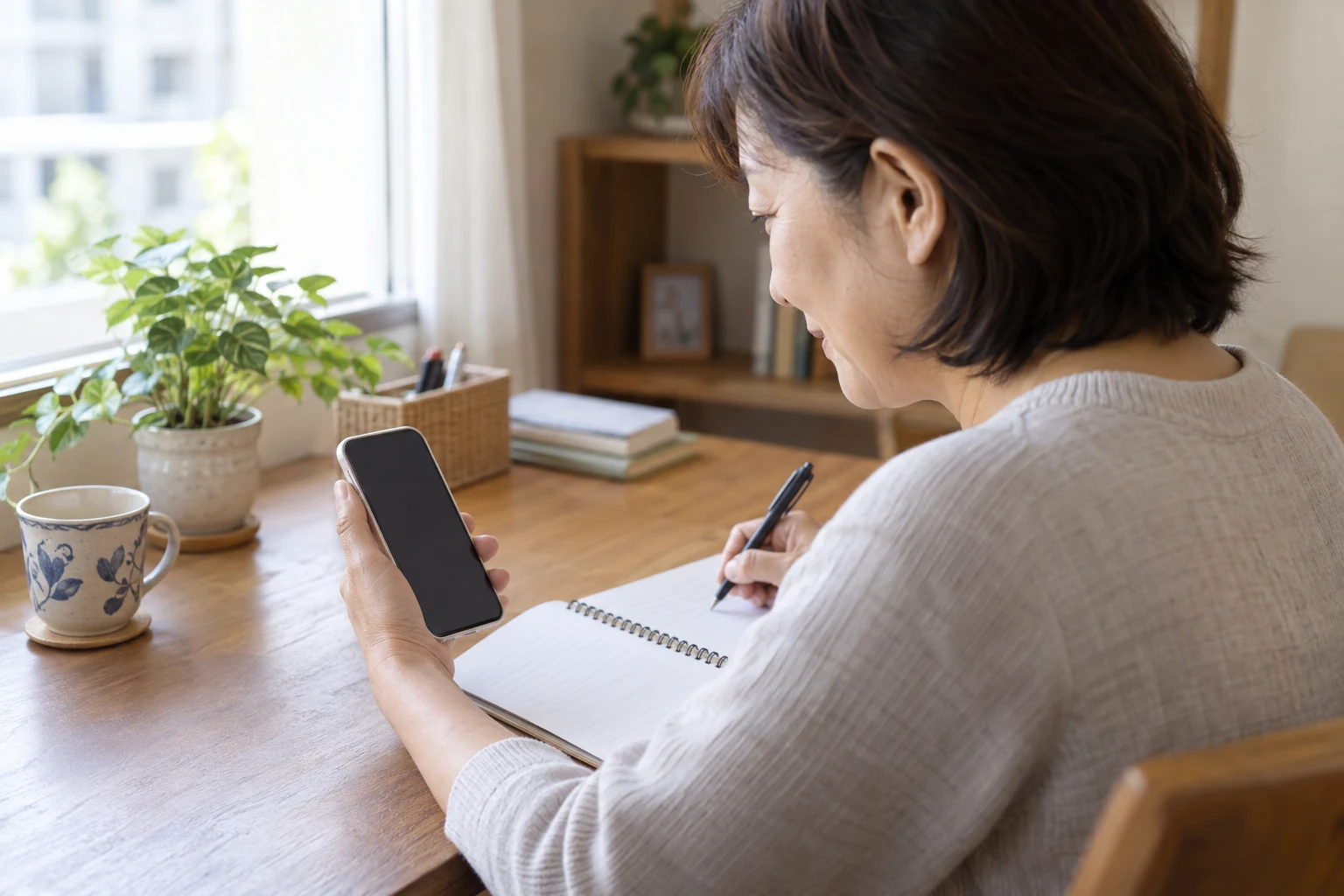 スマートフォンとノートを使ってデジタル契約やオンライン口座の整理をする日本人女性
