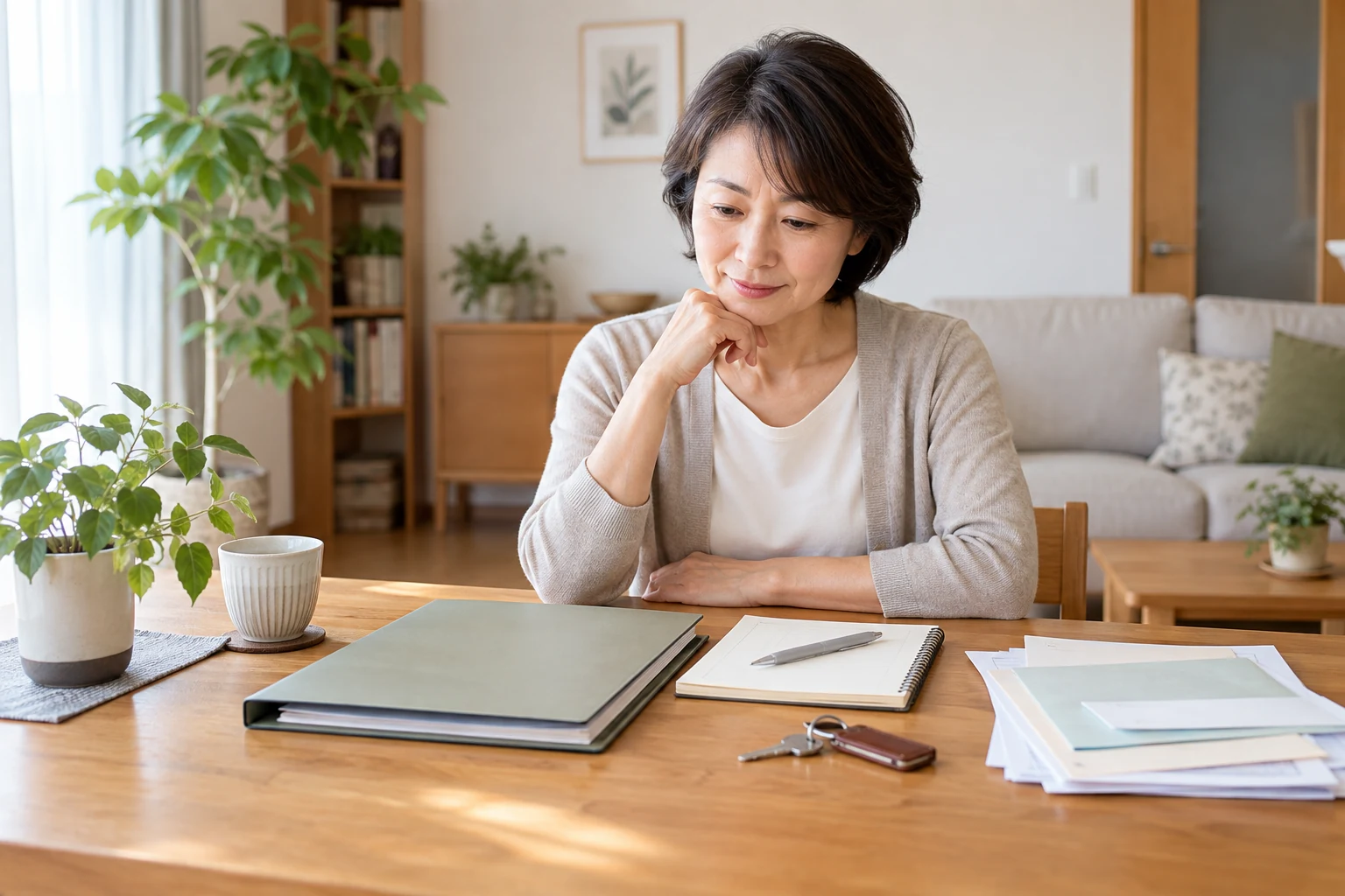 一人暮らしの日本人女性が相続の準備書類を机に並べて確認している様子