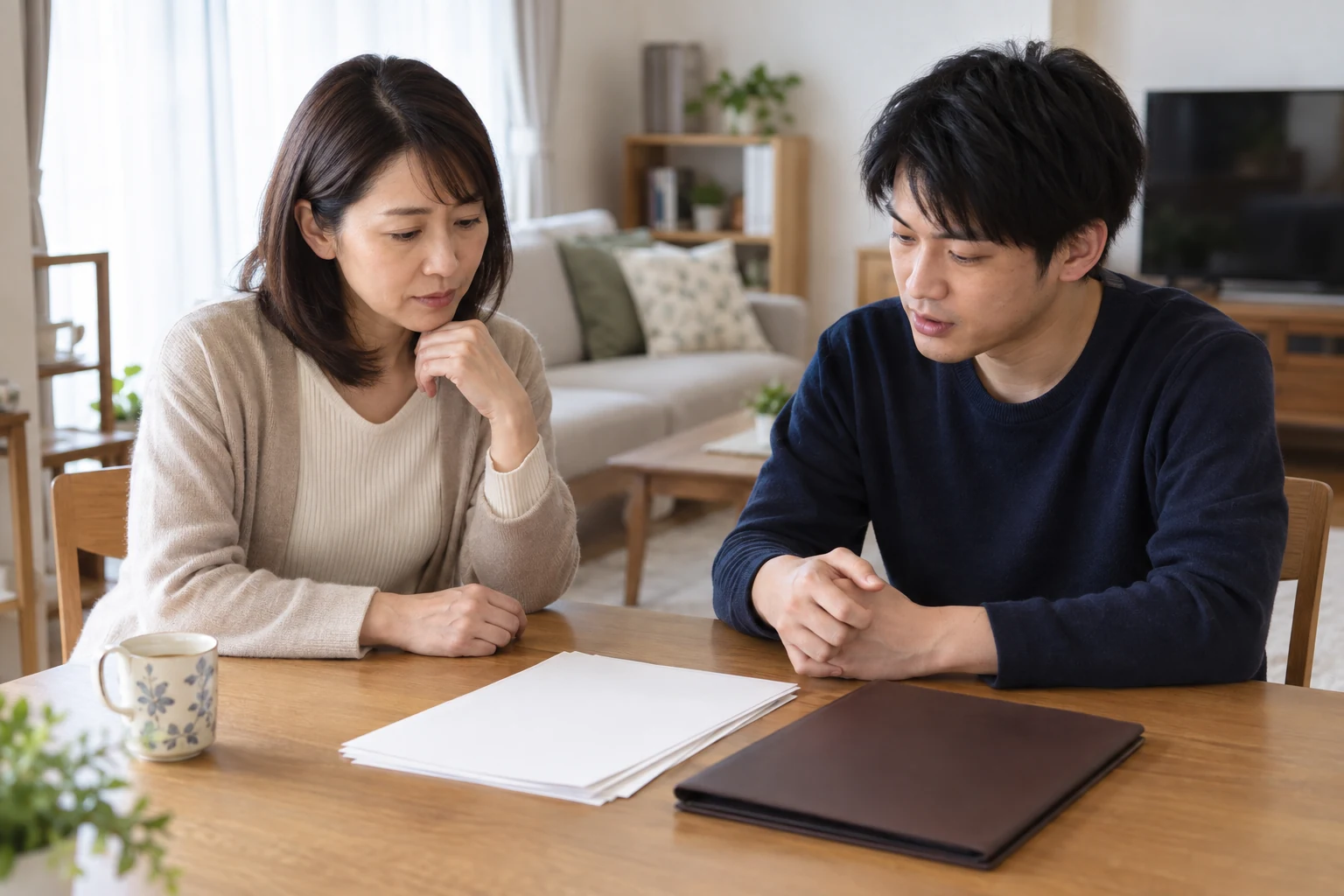 日本人の姉と弟がテーブルで相続の資料を見ながら落ち着いて話している様子