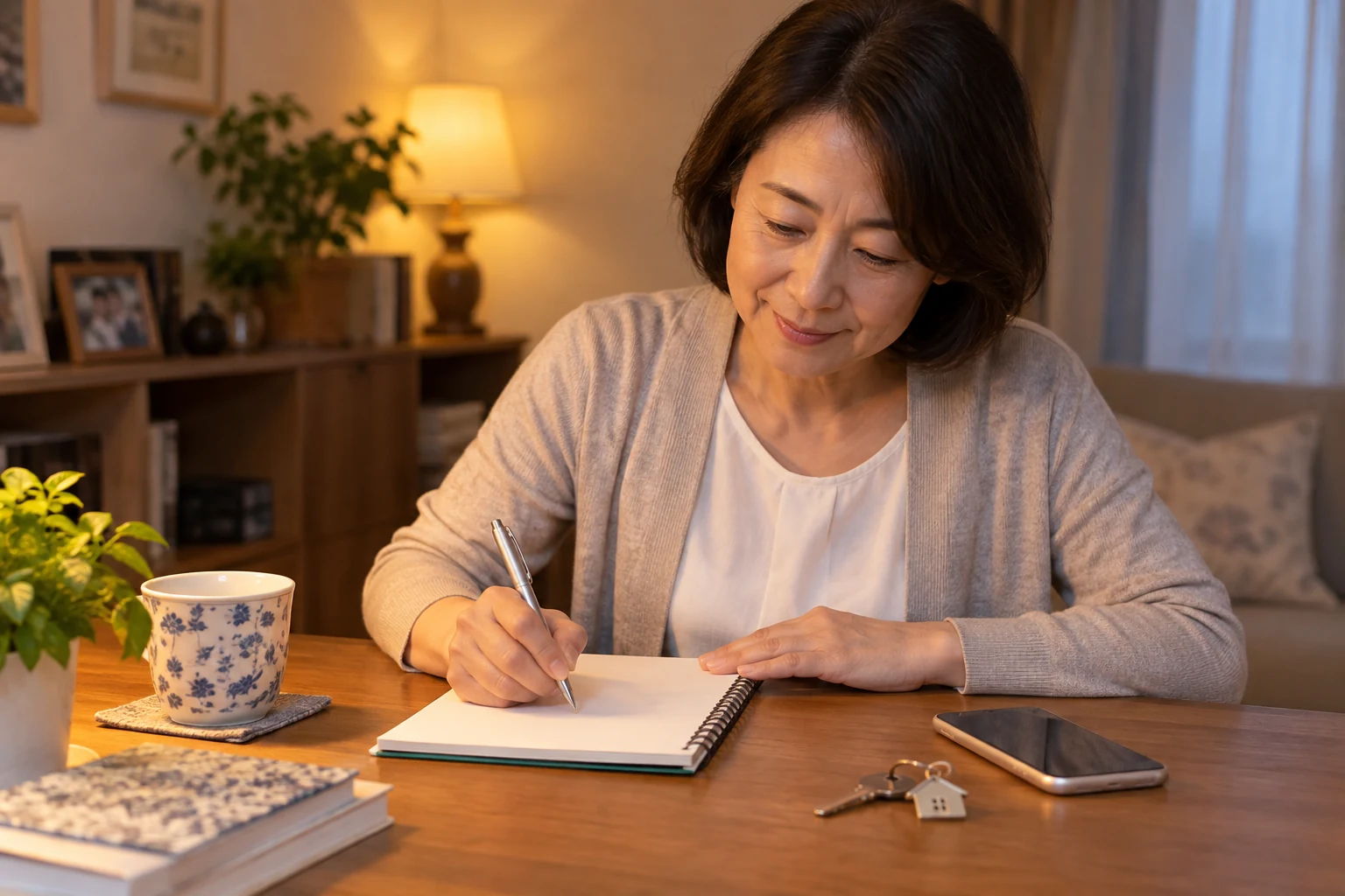 日本人女性が相続準備の次の一歩として連絡先をノートに書いている様子