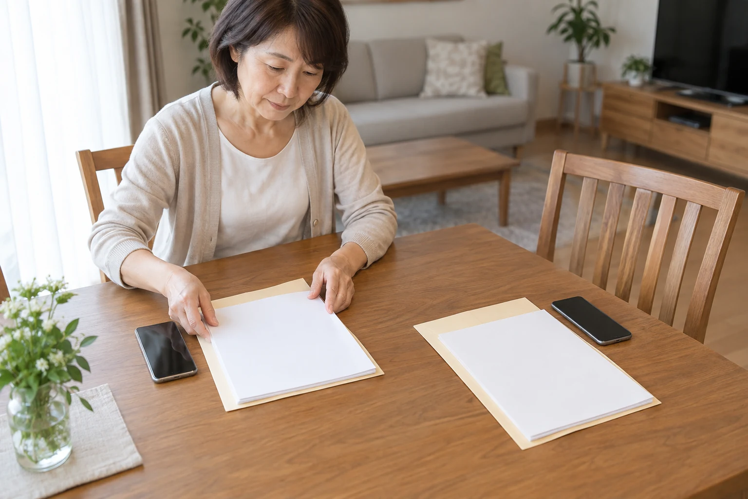 日本人女性が相続の資料を二部に分けて兄弟と共有する準備をしている様子