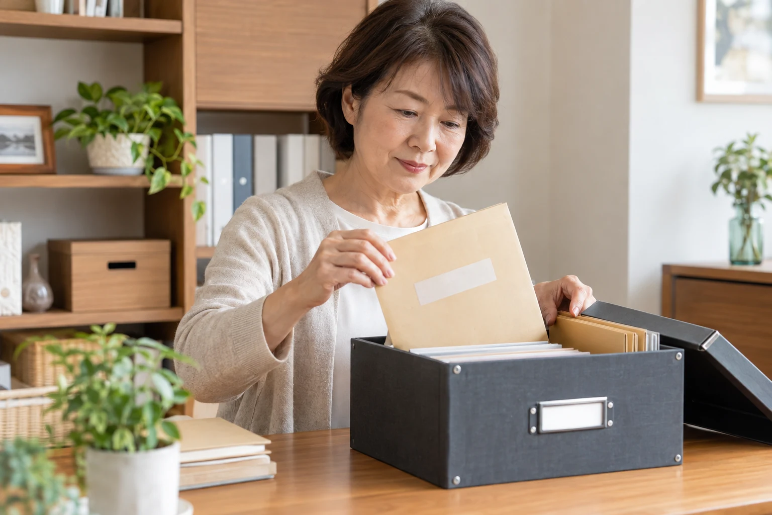 日本人女性が重要書類の保管場所と連絡先を確認するための封筒を整理している様子