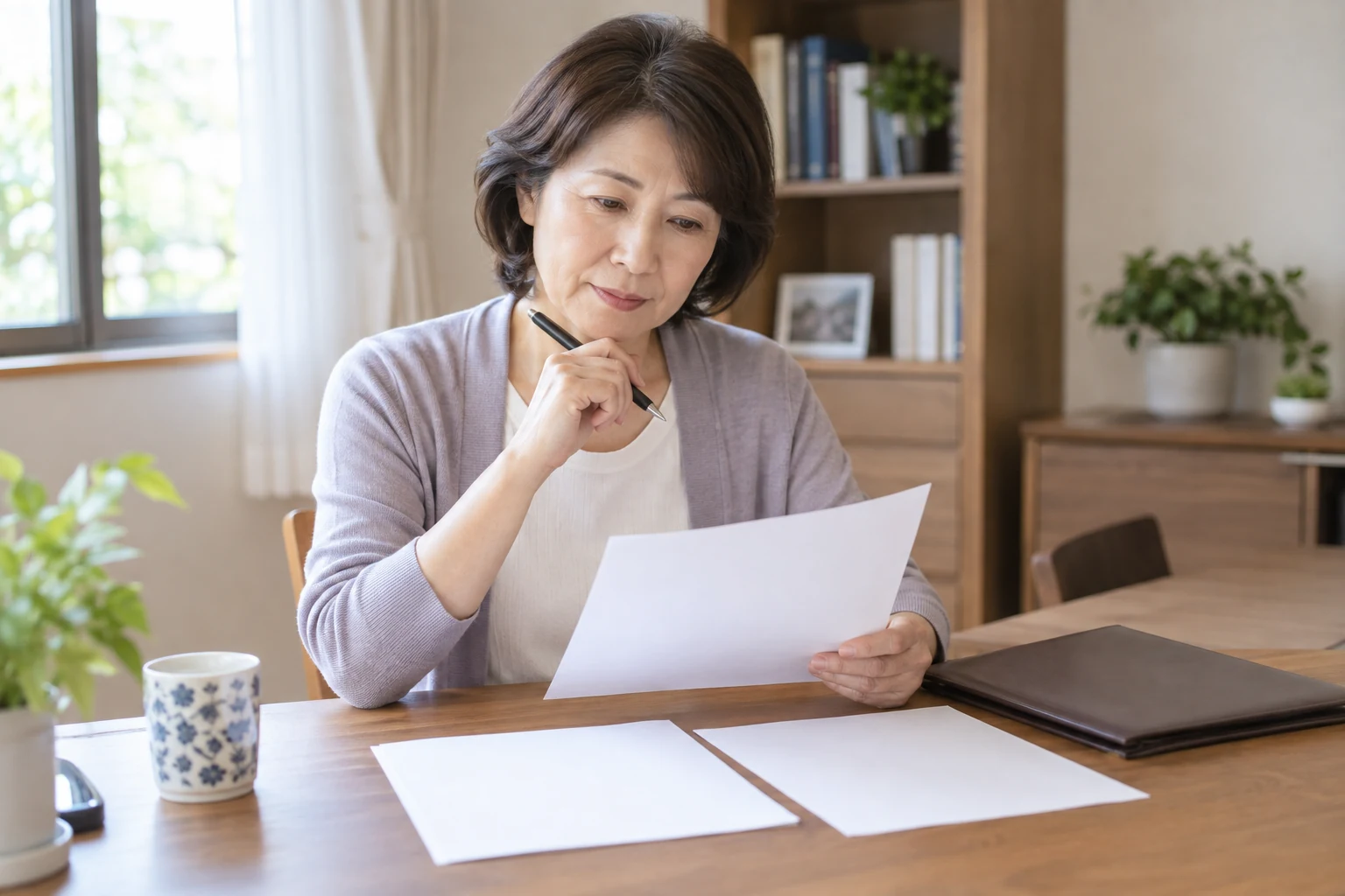 日本人女性が遺言を書く前に財産一覧と家族関係をノートで整理している様子
