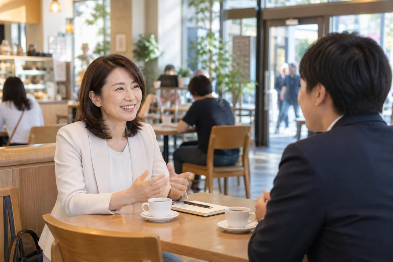昼間のカフェで初めて会う男女
