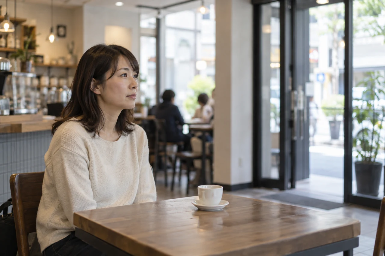 日中の人通りがあるカフェで、出口に近い席から自分の帰り方を考える日本人女性の編集イメージ