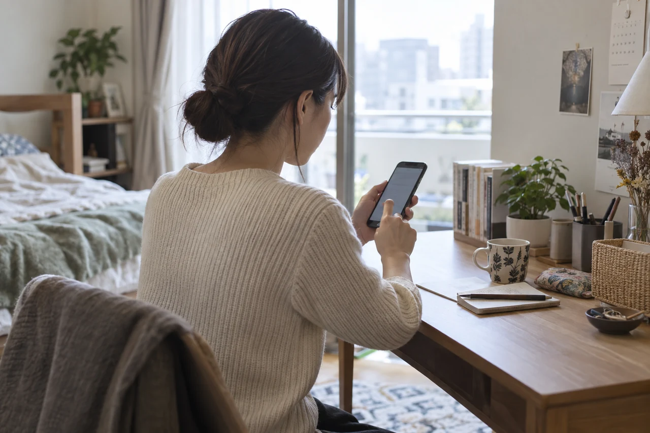 初対面の約束の前に、集合場所と時間を信頼できる人へ共有する日本人女性の編集イメージ