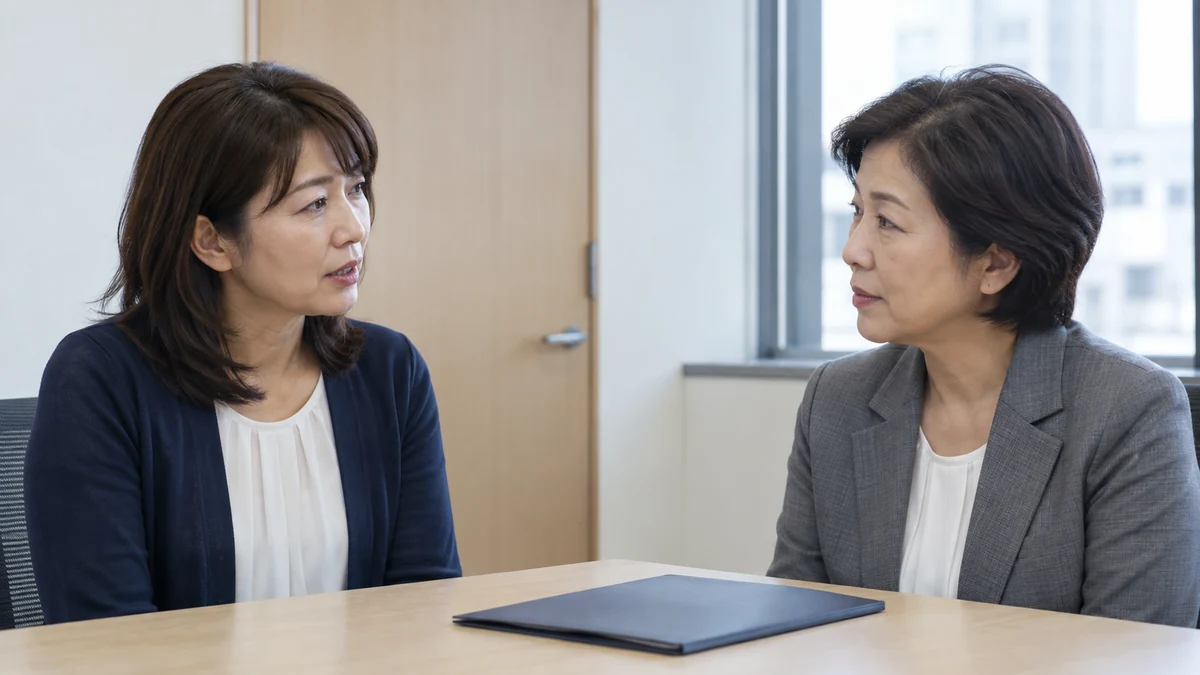 人事担当者に一件の業務上の支障と希望する対応を落ち着いて話す日本人女性二人の編集イメージ