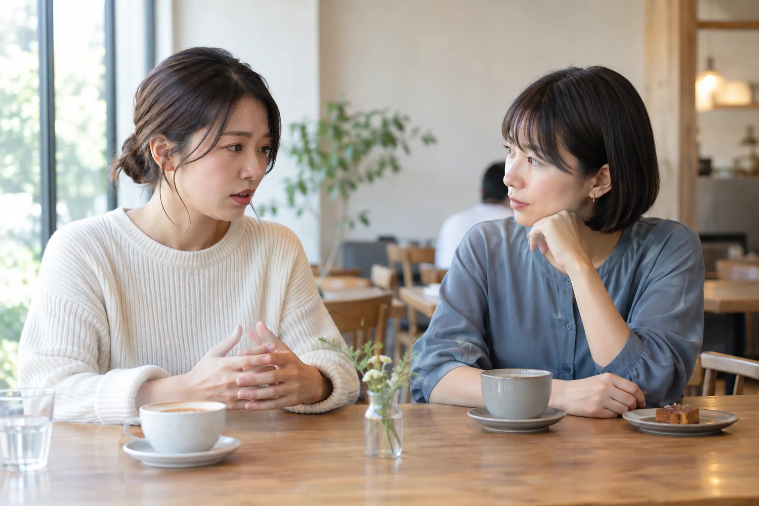 気になる連絡について、信頼できる友人に落ち着いて相談する二人の女性