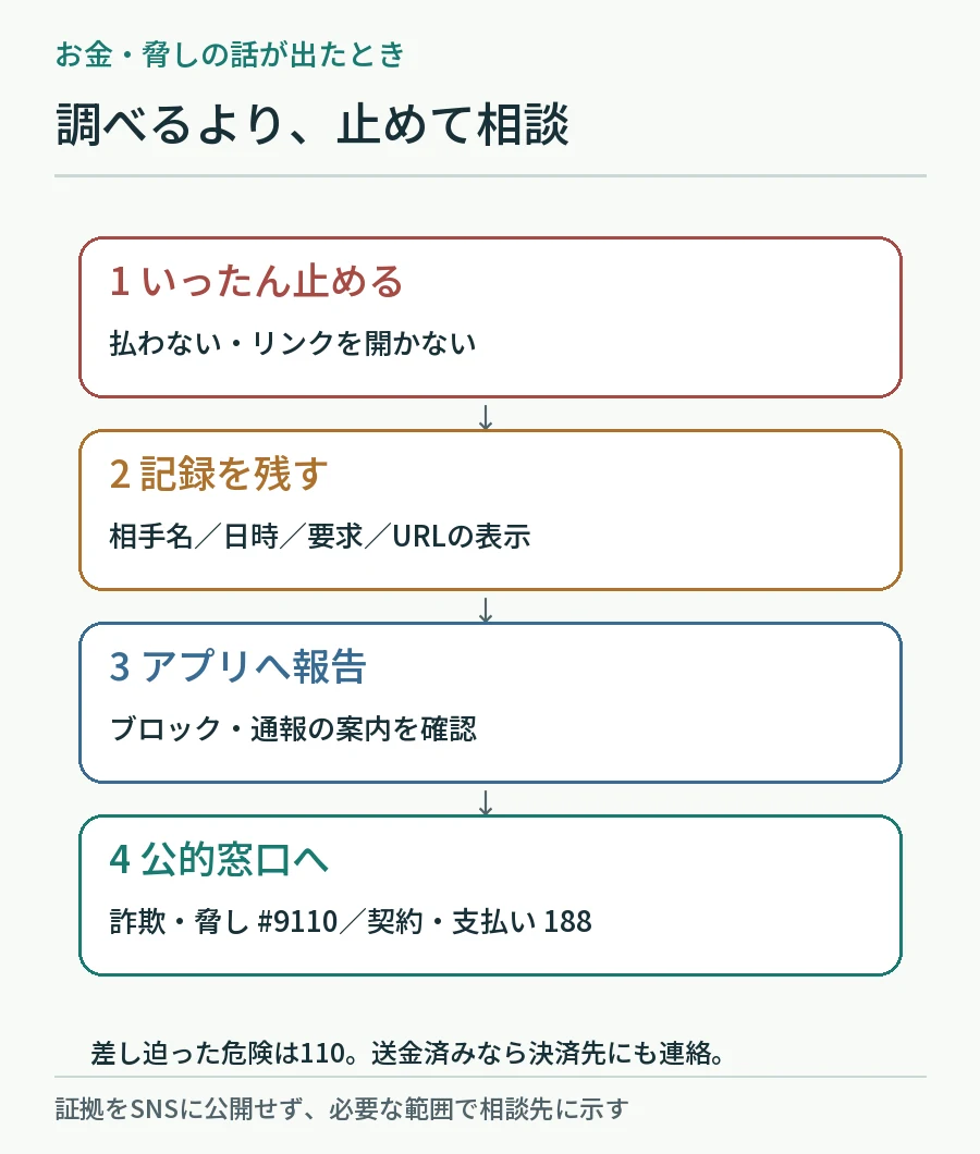 送金せず、日時・要求・URLを記録して運営や公的窓口へ相談する順序の図