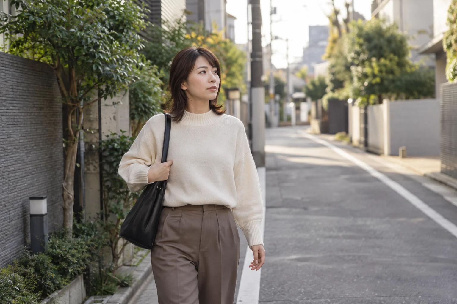スマートフォンをバッグにしまい、返信を急がず歩く女性