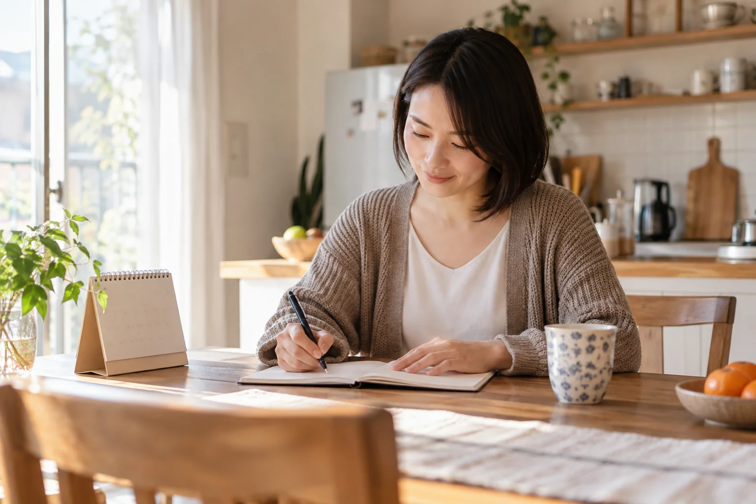 日本人女性が自宅で予定を書き出す
