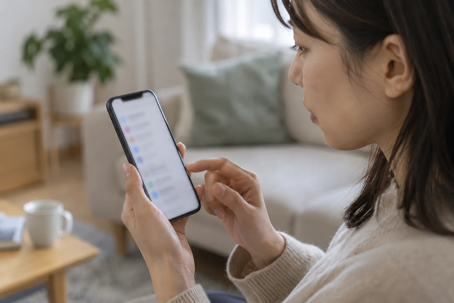 日本人女性がスマートフォンの設定を確認する