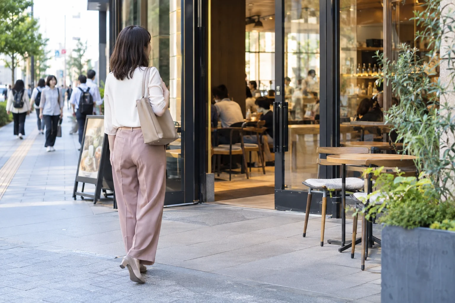 日本人女性が昼間の人通りのあるカフェ入口に立つ