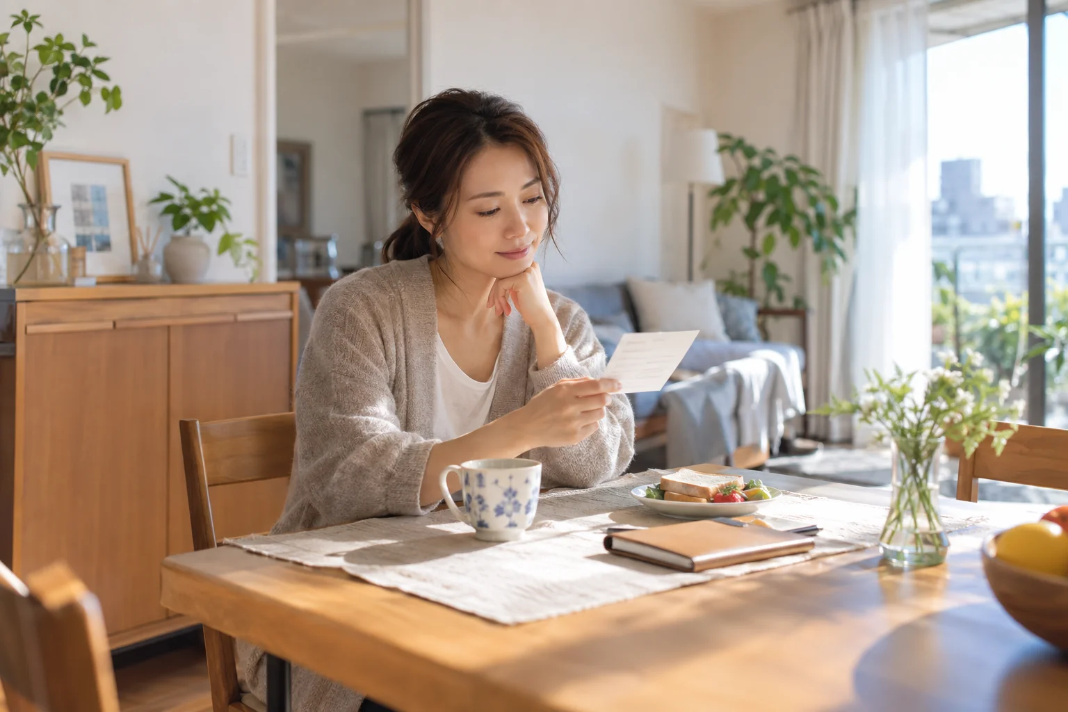 日本人女性が朝の食卓で小さなメモを読む