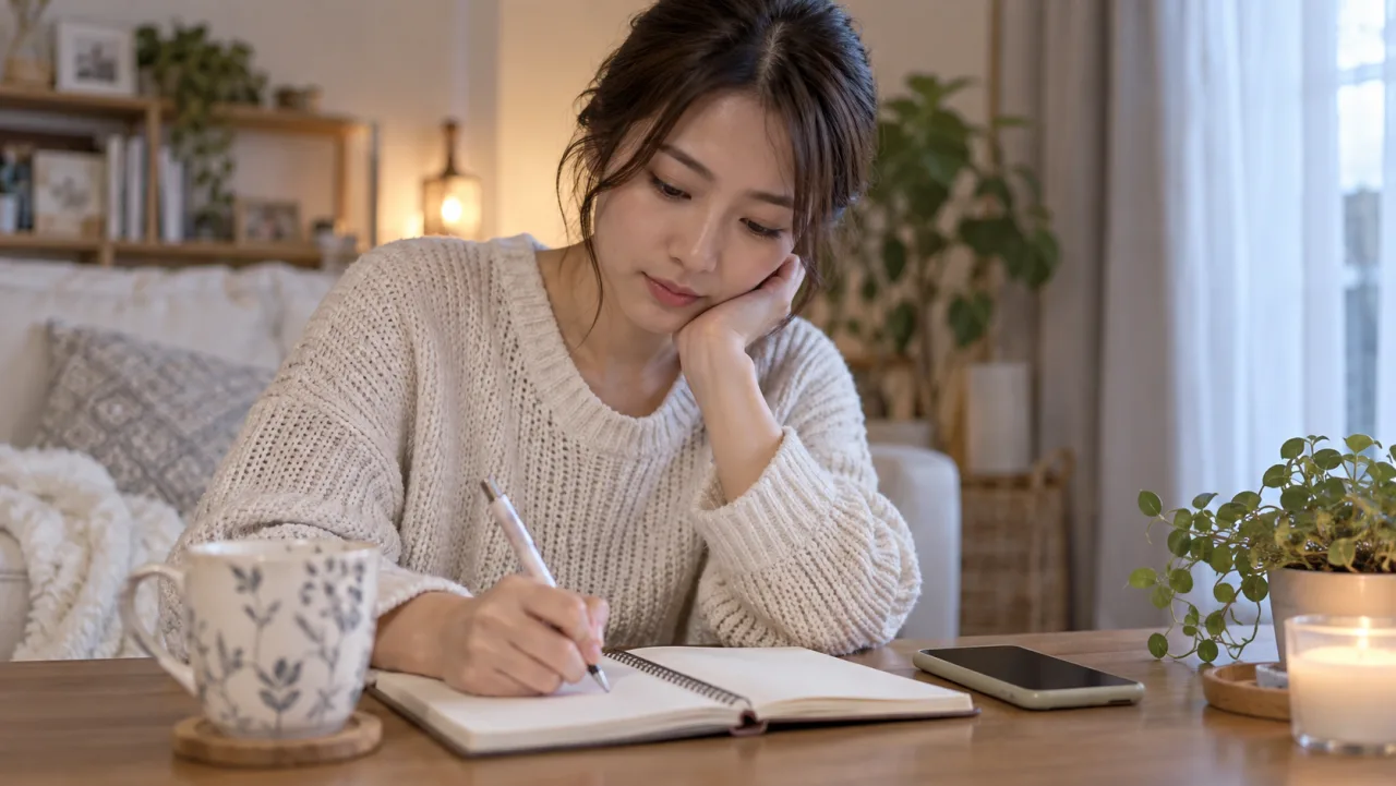 日本人女性が個人情報を伏せて恋愛相談の状況をノートに整理している様子