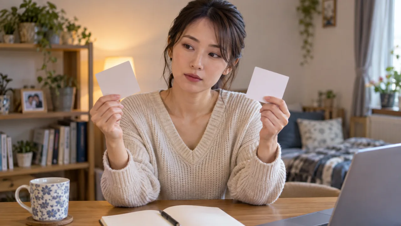 日本人女性がノートに事実と気持ちと相談したいことを分けて書いている様子