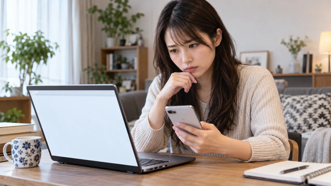 日本人女性が恋愛相談への二つの見方を白紙のカードで比較している様子