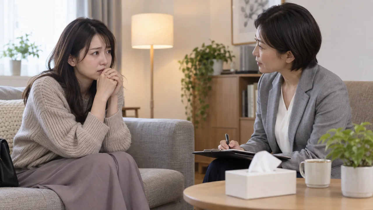 日本人女性がノートパソコンでChatGPTのデータ設定を確認している様子