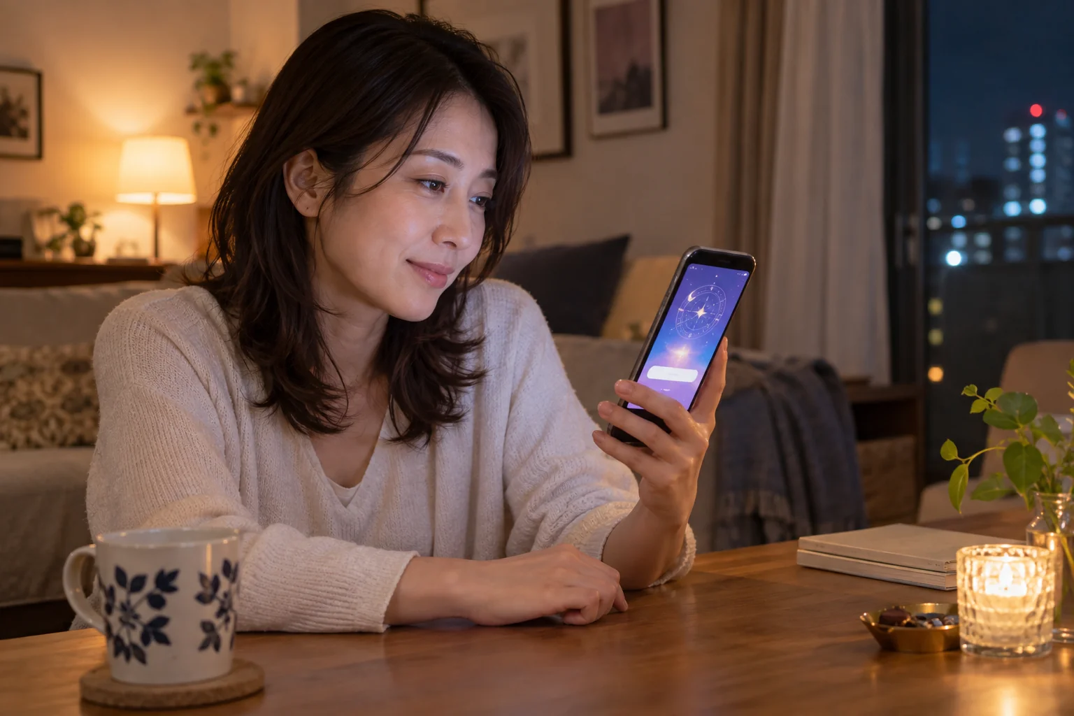 夜の自宅でスマートフォンの無料診断画面を開く日本人女性