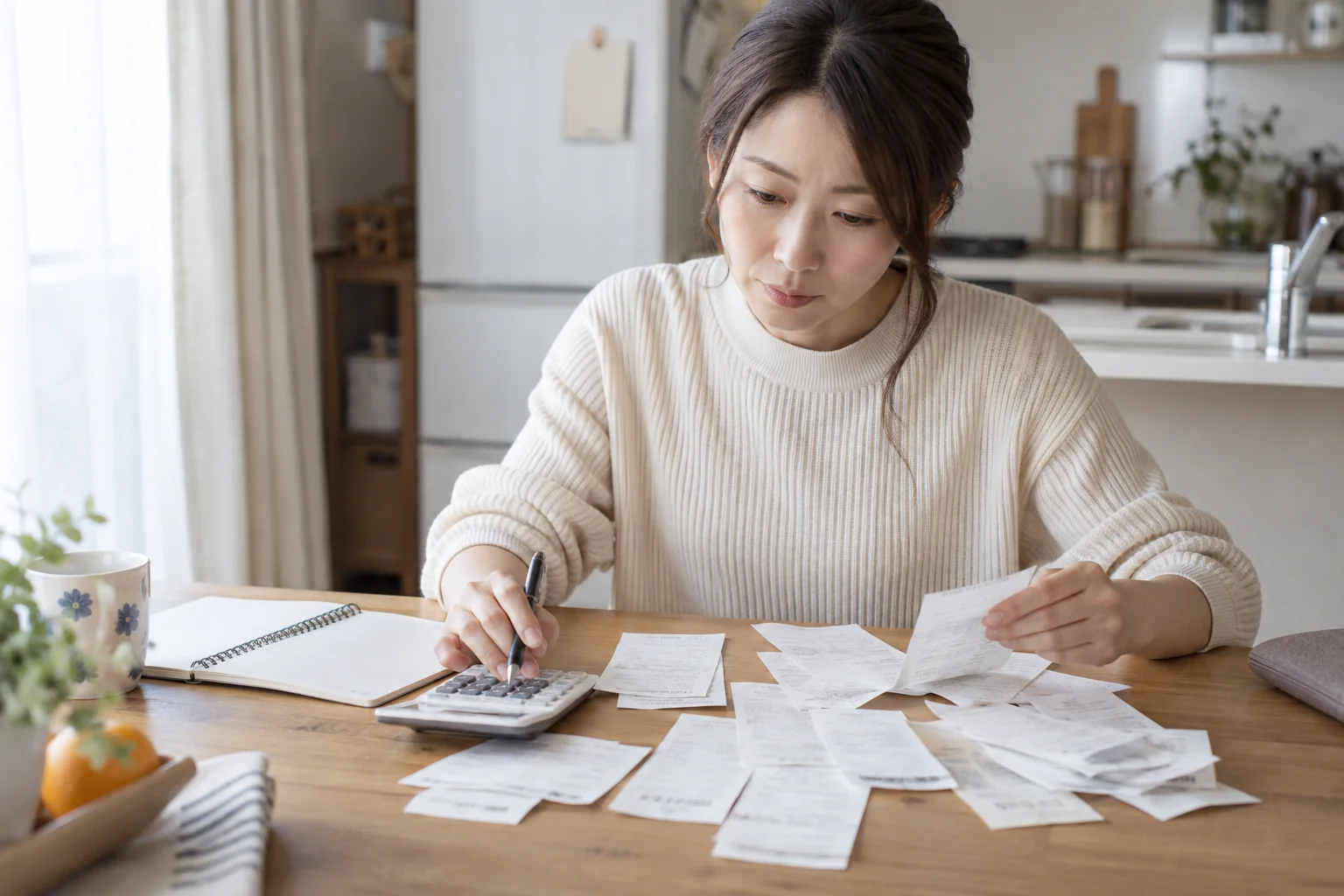 明細と電卓を並べて支払総額を確かめる日本人女性