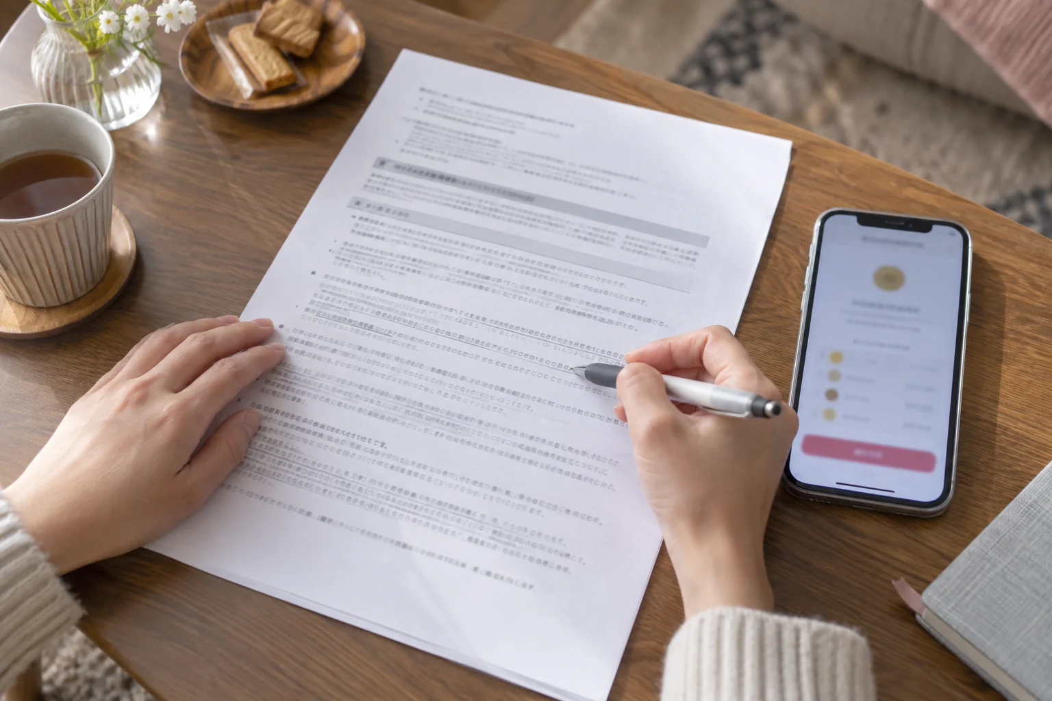 有料サービスの利用条件を紙とスマートフォンで照らし合わせる手元