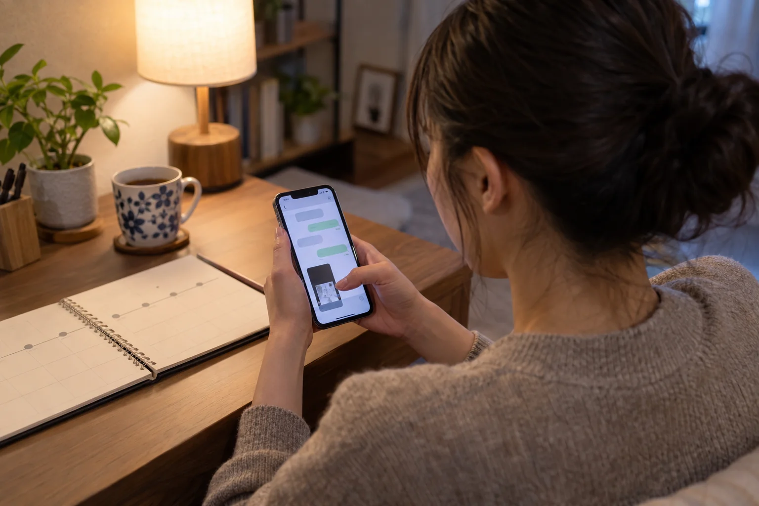 スマートフォンのやり取りを保存しようとする日本人女性