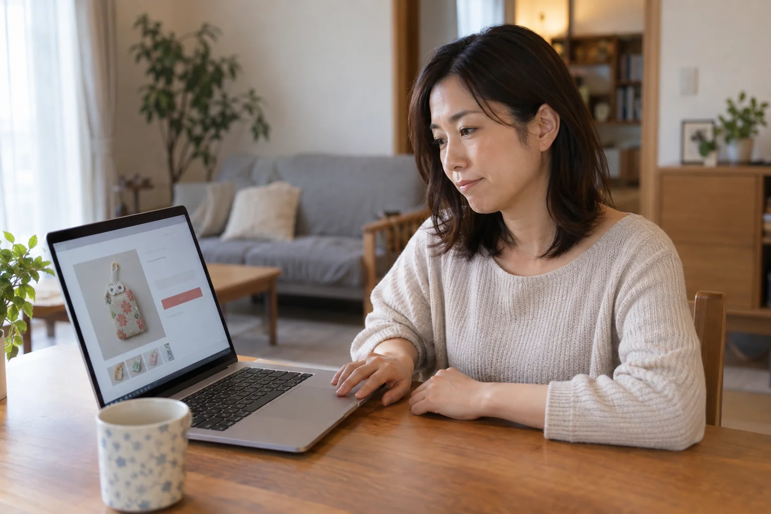開運グッズの商品画面を見て購入を見送る日本人女性