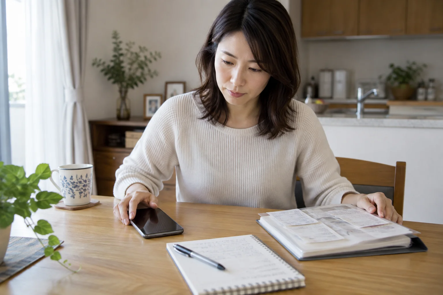 相談前に明細をファイルにまとめて電話を手元に置く日本人女性