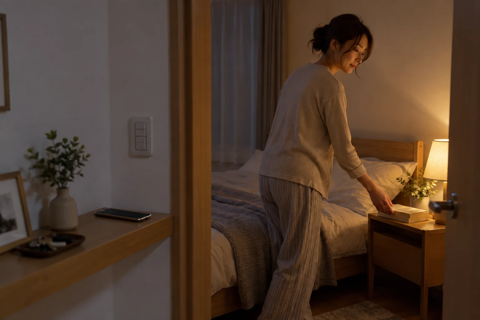 就寝前にスマートフォンを離れた棚に置き、本を手に取る日本人女性