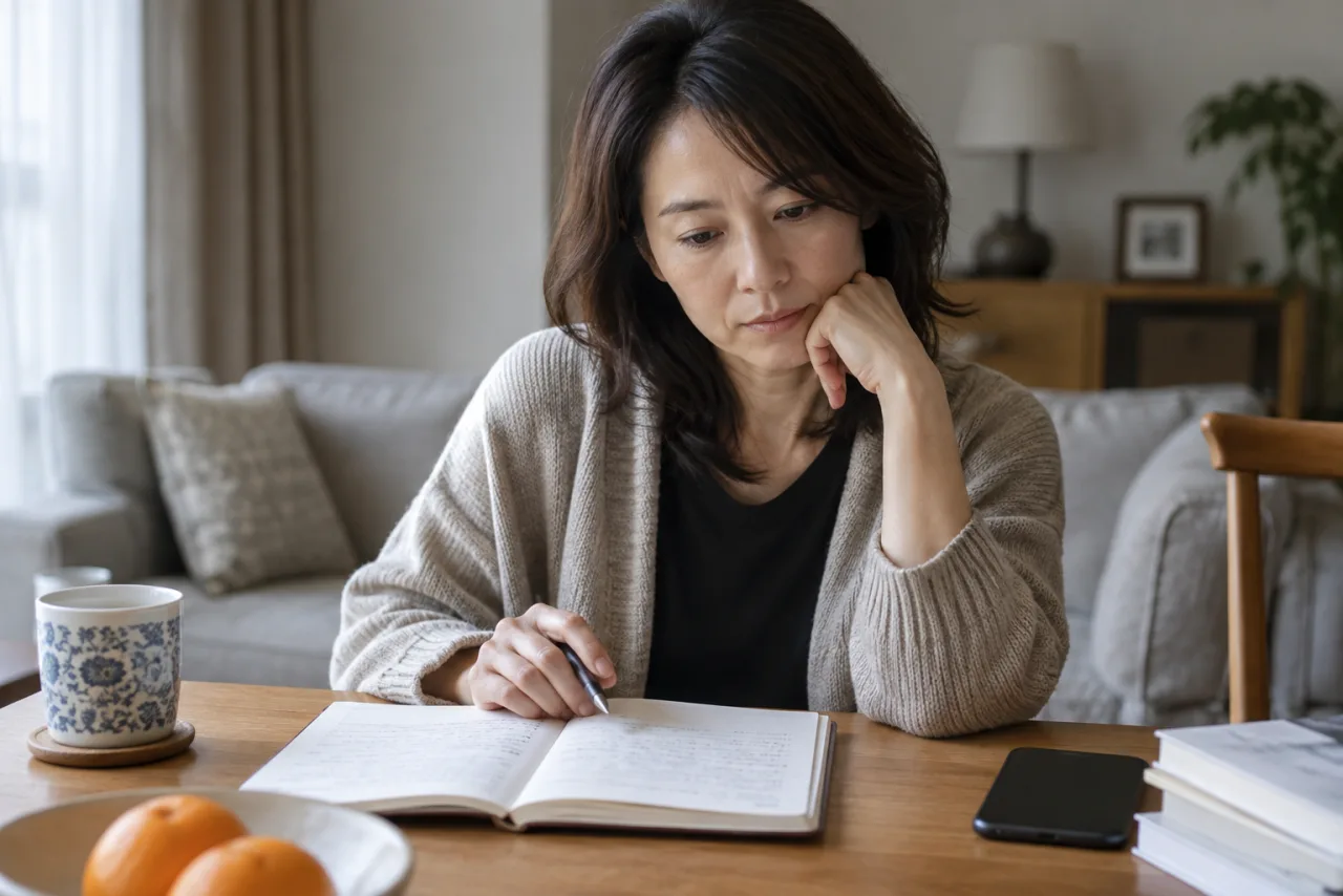 人間関係の出来事をノートに書き出す日本人女性