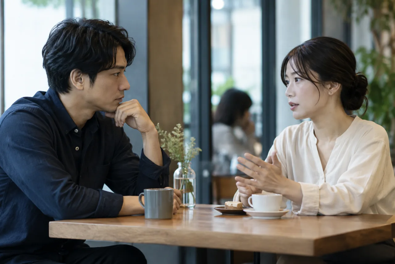 日本人の男女がカフェで落ち着いて話し合う様子