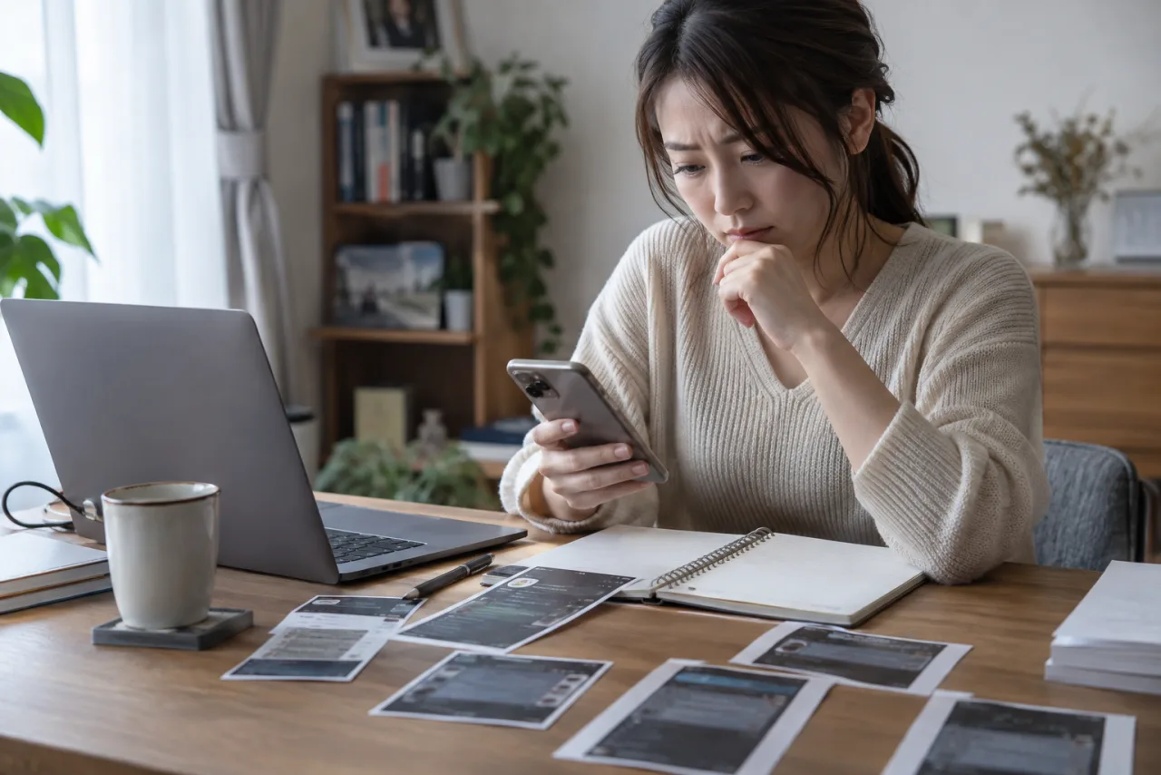 人間関係のメッセージと記録を整理する日本人女性