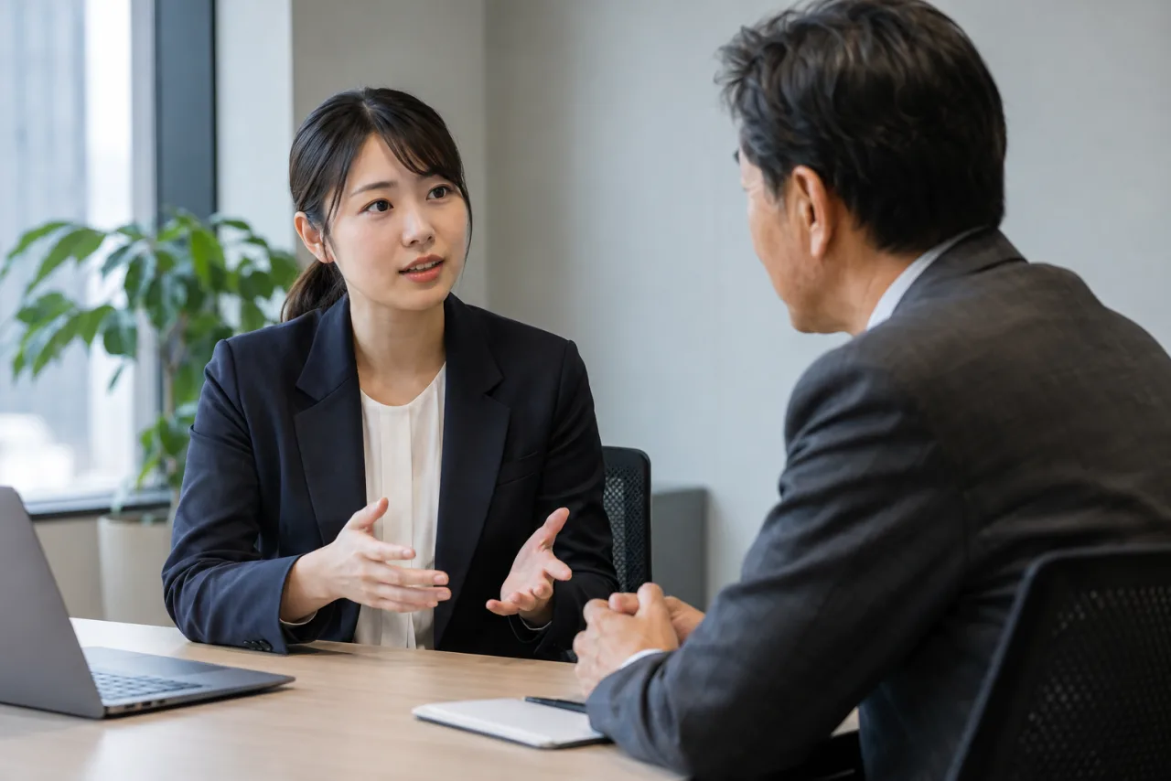 職場で相談員と日本人の会社員が話し合う様子