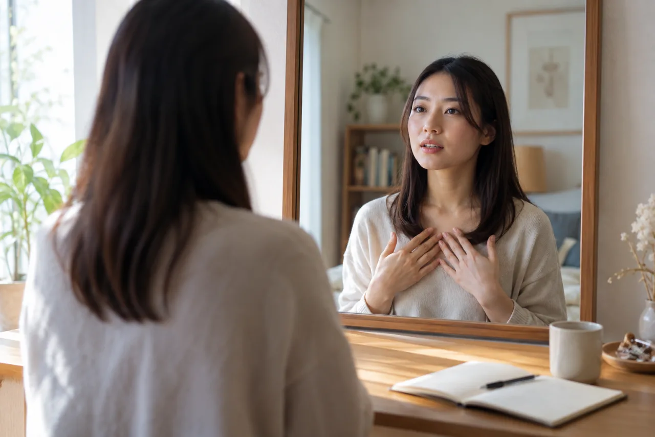 鏡の前で自分の境界線を確認する日本人女性