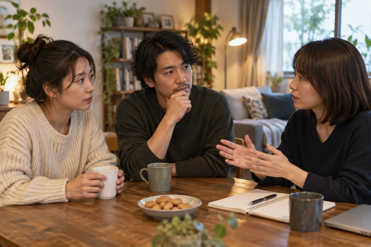 友人同士が誤解を解くために話し合う様子