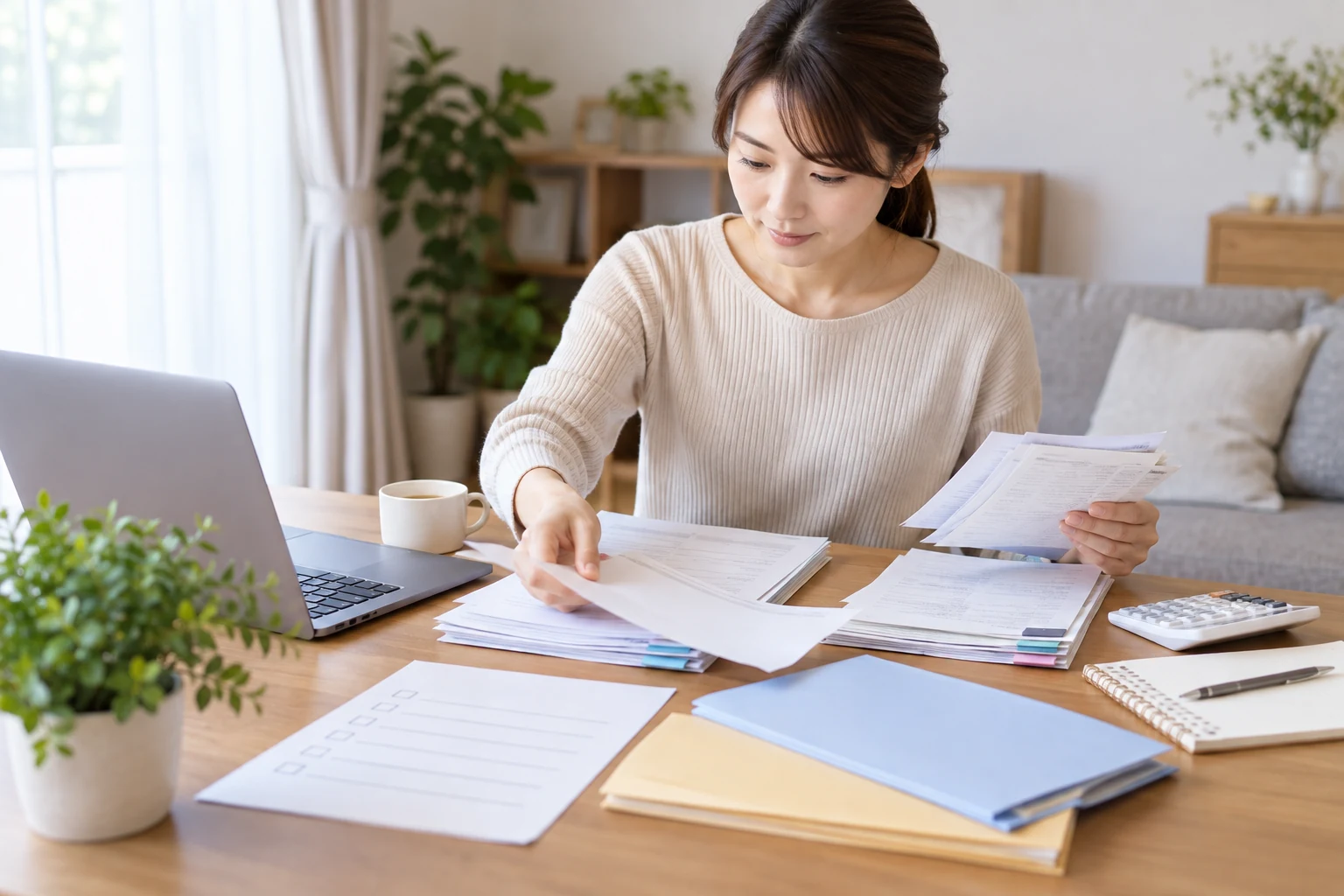 副業の収入を整理して確定申告の準備をする日本人女性
