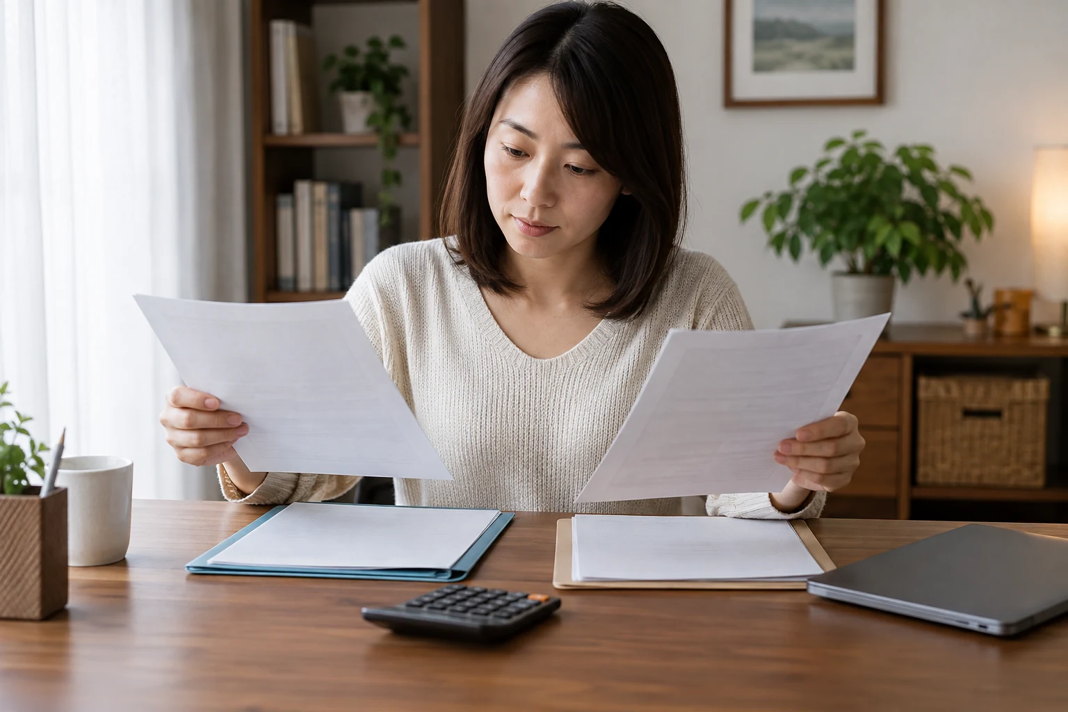 二つの仕事の給与記録を整理する日本人女性