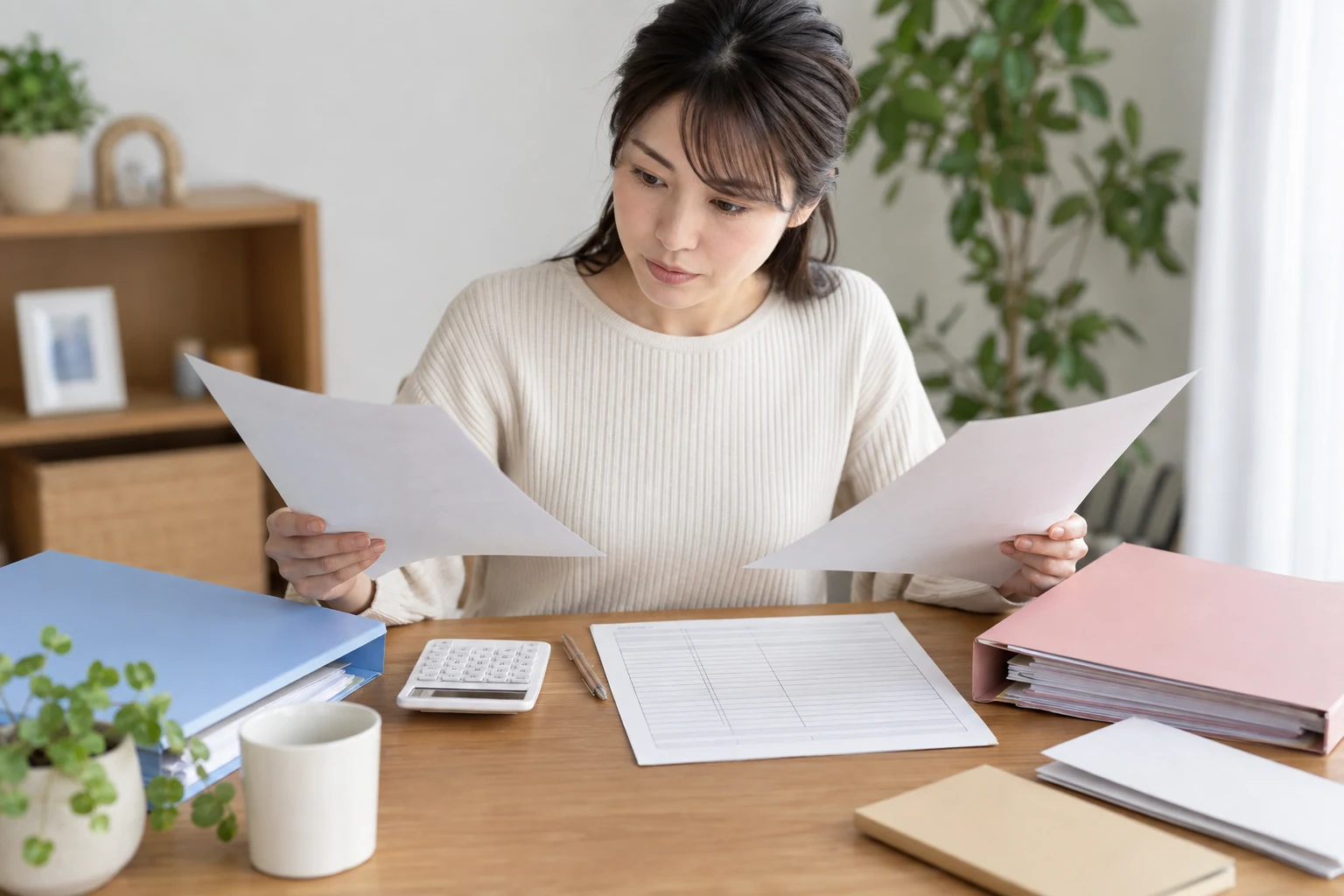 複数の給与書類を比較する日本人女性