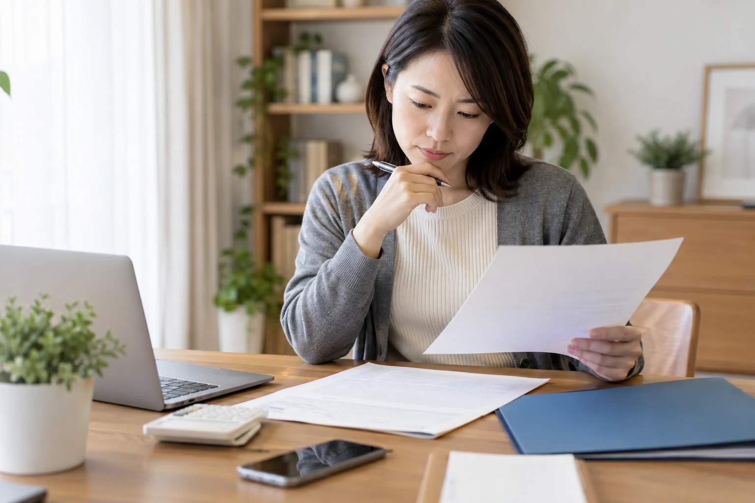 社会保険と労働条件の資料を確認する日本人女性